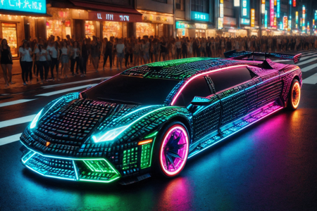 a futuristic limousine made out of RGB Keyboards, with elongated body, luxury finish, solo, glowing rims with RGB lights, illuminated wheels, a neon racetrack with glowing barriers with RGB lights, floating platforms, detailed background, hovering above a platform, thrusters glowing with RGB lights, steady stance, wide shot, a glowing RGB charging station with RGB lights, cables connected, best quality, vibrant colors, photorealistic style, high detail, high-definition, hyper-realistic, extremely high-resolution details, fine texture, incredibly lifelike, realistic, not cartoon, not drawing, highres, 4K resolution, source photo, realistic photo, masterpiece, best quality, amazing quality, very aesthetic, ultra-detailed, detailed textures, natural lighting, soft lighting, electric neon colors, bright pinks, purples, cyans, electric spark, sharp and vibrant, overhead shot, <lora:RGB_Keyboard_themed-000008:1>