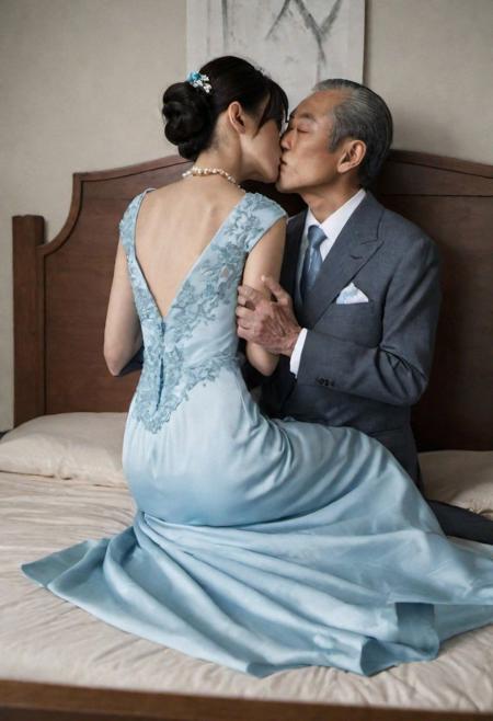 detail,(nsfw),8k,(real skin texture:1.1),(high resolution),(one 29 years old elegant Japanese slender woman wearing light blue long flared dress kisses Asian 75 years old gentleman:1.3),(lying on bed:1.3),163 cm tall,(laced:1),(jewelry necklace:1),earrings,pumps ,(by garden at old ryokan :1),(nice view:1.2),,(fine wrinkle  :1),(ecstasy smile expression:1),(detailed face),(symmetrical eyes:1),(black eyes:1),(realistic skin:1),(chignon:1.3),(full body below photo:1.53)