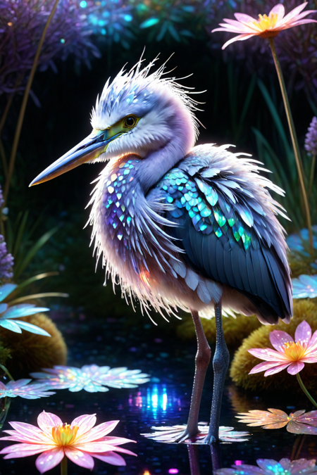 a cute baby heron with soft gray feathers, long legs, big eyes, surrounded by a shimmering holographic aura with h4v_h0l0 effects, solo, with lavender fur, soft and calming with a holographic shimmer, cozy expression, eyes soft with a holographic glow, curled up, a cozy hollow with soft moss, tiny flowers, dappled sunlight with holographic reflections, detailed background, splashing in a pond with holographic droplets, water droplets, cheeky, small smirk with a holographic glint, environment focus, wide shot, a candy forest adventure with animals exploring, lollipop trees with holographic glow, gummy flowers, a fluffy sock with a holographic glow, on one paw, on a cozy rug, soft and warm with a holographic shimmer, night, starry sky, moonlight glow, cool shadows with a holographic shimmer, early evening, soft orange glow, first stars appearing, cooling air with a holographic glow, best quality, vibrant colors, animation 3D style, soft shading, high detail, smooth texture, not realistic, not photorealistic, highres, 4K resolution, masterpiece, best quality, amazing quality, very aesthetic, holographic light reflections, neon holography colors, vibrant blues, purples, and pinks with holographic shimmer, neon pulse, rhythmic and dynamic with holographic shimmer, medium shot, <lora:Holography:1>
