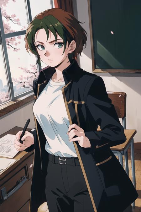 (masterpiece, best quality:1.2), <lora:natasha_radinov:.9>, natasha radinov, solo, 1girl, breasts, coat, black coat, brown hair, multicolored hair, two-tone hair, green hair, night, pants, black pants, short hair, trench coat, desk, window, school desk, indoors, chair, cherry blossoms, chalkboard, school chair, letterboxed, petals, scenery, wide shot, school, tree, curtains, flower, day, wooden floor, sunlight, on desk, wind, upper body,