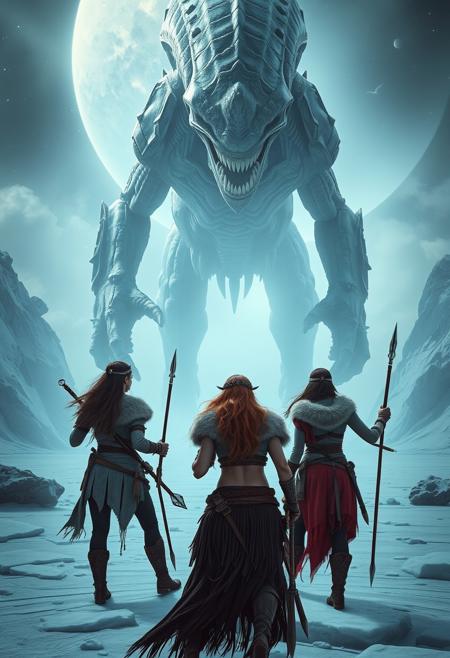 three stunning barbarian oriental warrior women, in furs and leather armor, armed with swords and spears, face a gigantic alien space monster looming above them, on an ice world, viewed from behind them. 
 Perfect Composition, realistic photographic image, RAW photo highest quality, perfect directional lighting