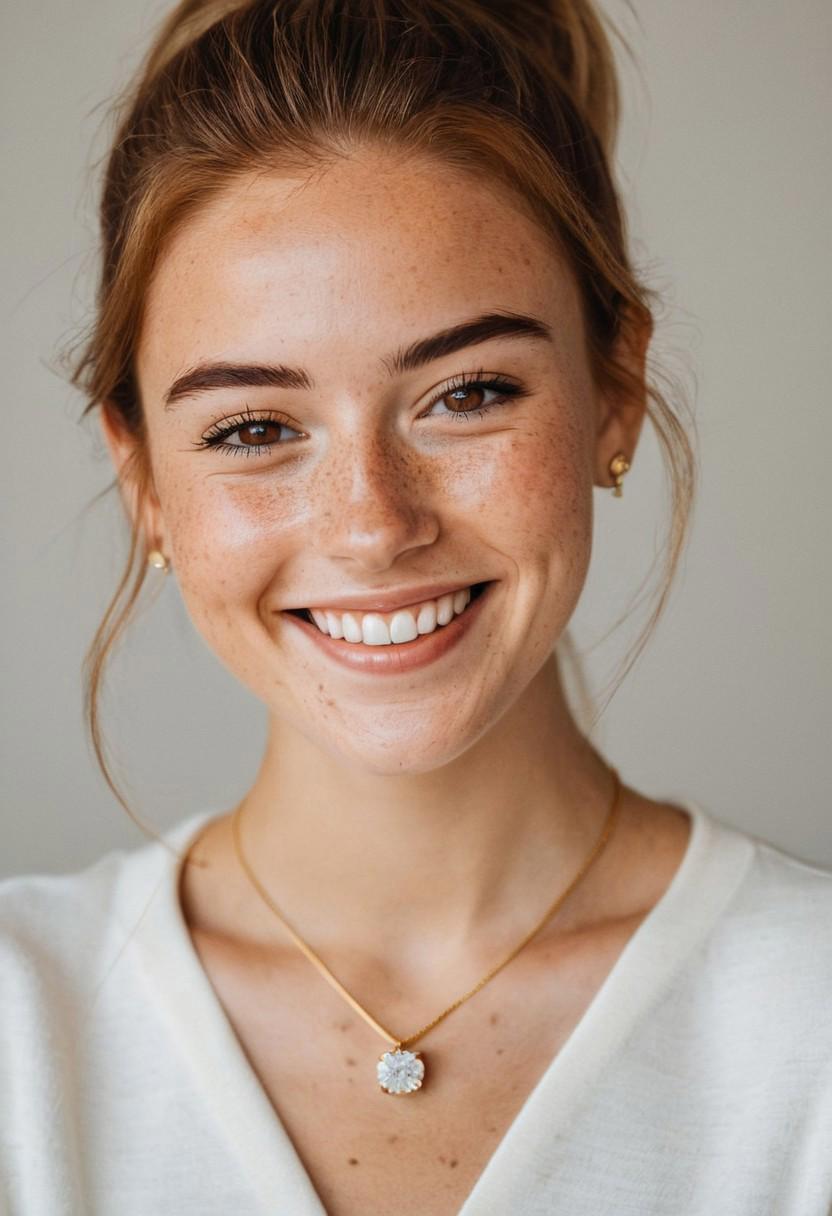 beautiful lady, (freckles), big smile, brown hazel eyes, Ponytail, dark makeup, hyperdetailed photography, soft light, head and shoulders portrait, cover, very cute dimples, gold necklace with a small solitaire diamond, , perfect teeth, diamond stud earrings, sorority girl,