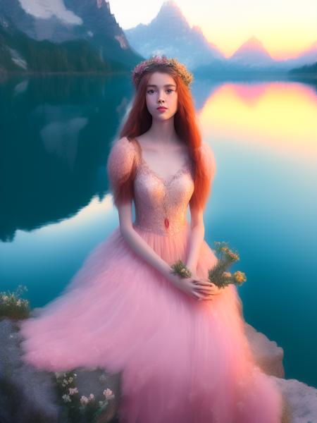 <lora:ElizabethGadd:1>16 year old maiden, incredibly beautiful princess, round head, serene face, flowers on the hair, colours of the sunrise, delicate skin, sitting on a rock singing to the sunrise, full lenght pinky romantic dress, 5 fingers hands, singing to the dawn, dawn colors, dolomites landscape, a lake, dreamy, soft