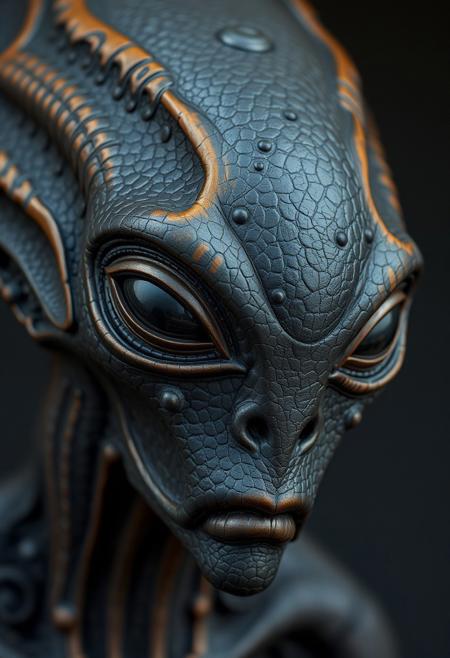 2d art of alien, in the style of textured illustrations, dark gray and bronze, online sculpture, naoto hattori, jeremy lipking, dark sky-blue and orange, intense close-ups