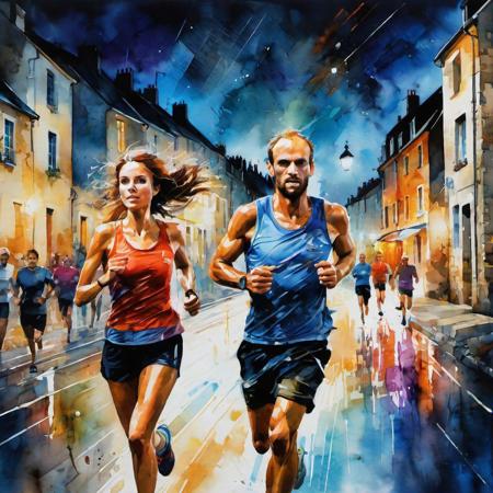 man and woman running by night through the town of Port en Bessin, map in hand and headlamp on their heads. They are taking part in an orienteering race by Thomas Wells Schaller :: Leonid Afremov :: Carne Griffiths :: Russ Mills :: photorealistic :: hyperdetailed :: vibrant deep colors,