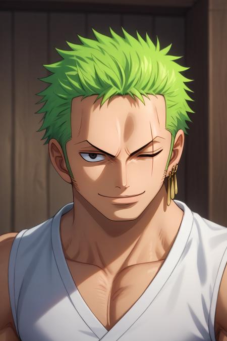 zoro_roronoa, green hair, black eyes, short hair bandana earrings wano country arc, chonmage, japanese clothes, kimono post timeskip, scar across eye, one eye closed sideburns katana, holding sword, mouth hold, teeth