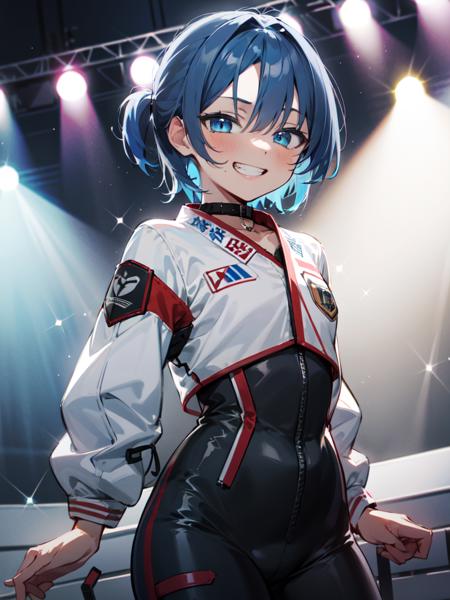 hiodoshi_ao, hololive, 1girl, solo,
blue_hair, medium_hair, blue_eyes, eyeliner, 
cute, 
looking_at_viewer, grin, 
bodysuit, 
stage, stage_lights, stage_curtains,