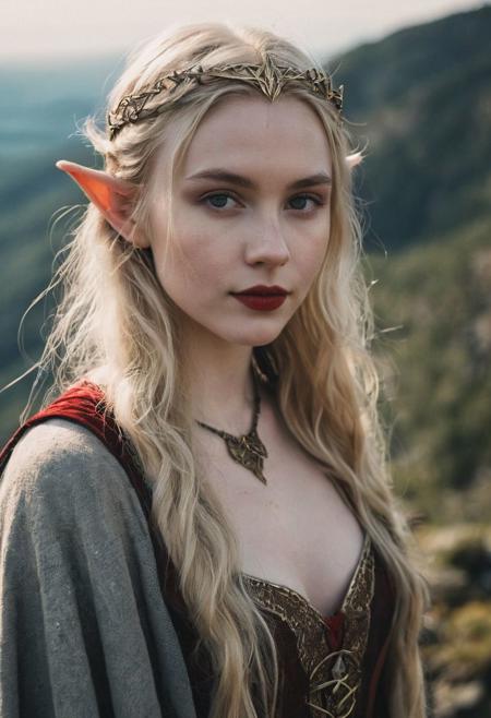 instagram photo, portrait photo of 18 y.o sorceress Emily standing on mountain, (cleavage:0.8), pale skin, (smile:0.4), cozy, natural skin, soft lighting, (cinematic, film grain:1.1), dirty blonde, red lipstick, (skin imperfections:1.2), elven, elf ears, Lord of the rings