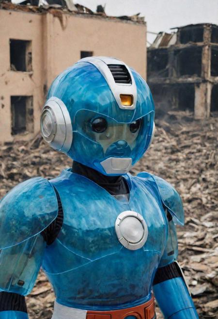 Portrait Photo of a ((((blue gelatine :1.7))megaman:1.7)), who is standing looking at how his city has been destroyed by a nuclear bomb. He has just arrived at the disaster and observes the horror of the destruction, ruined buildings full of smoke and flames, ground full of rubble with skeletons lying around In the dawn light floods the scene, the man is completely dressed in normal clothes and wet, he is dirty, everything is a disaster, the sky is cloudy and it is raining,(beautiful face:1.6), Fujifilm XT3,film still,film grain,cinematic,soldier accessories,war style, professional photo,best quality and best aesthetic,Award-winning artistic photos,Outdoors,public places,( detailed in background:1.6)Perfil,18-20 (dirty:1.8)