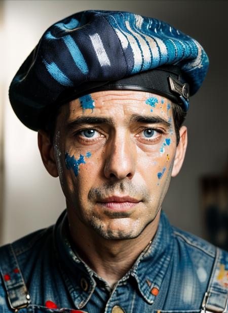 (<lora:HumphreyBogart:.95>) ,a photo of (hb1) man with short hair, Detailed face, (perfect blue eyes), (highly detailed skin:1.1), perfect body, ((Eccentric Artist: Paint-Splattered Overalls, Beret, Paintbrushes, Intense Expression)), Modelshoot style, Professional Photography, soft lighting, PHOTOREALISTIC, Realistic, standing in a dark studio background, blurred background, volumetric fog,. RAW, analog style, sharp focus, 8k, HD, DSLR, high quality, Fujifilm XT3, film grain, award winning, masterpiece,