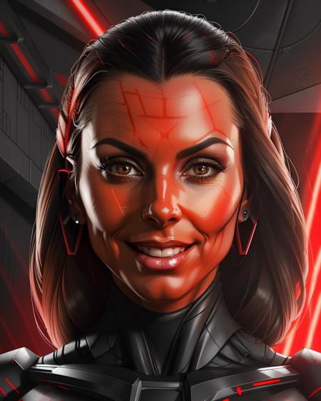 solo, detailed hair, close up shot, detailed bright face, colorful, (kendralust:0.8) <lora:kendralust_v1:1> as a sith lord, red yellow glowing sith eyes, cybernetic rebotic lower jaw and mouth, in front of abandoned temple, red lightsaber, wearing a detailed spiky chin strap carapace with jaw and ears covered, looking at viewer, evil gleeful smile, masterpiece, professional, high quality, beautiful, photoshoot, 4k, realistic, detailed background, real life, sci-fi, futuristic, detailed speculars