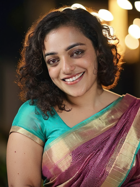 portrait photo of Nithya M woman, solo, pixie curly hair, laughing, looking at the camera, ethnic Cinnamon saree and blouse, night time, contrasting background bokeh,  skindentation,   <lora:Nithya_M_SDXL_LoRA_prodigy_local_xformers_HNE:1>