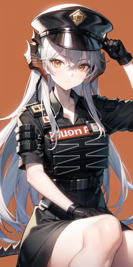 1girl, adjusting clothes, adjusting headwear, black gloves, black headwear, black shirt, closed mouth, collared shirt, dragon horns, frown, gloves, hair between eyes, hand up, hat, horns, long hair, orange eyes, police hat, red background, shirt, short sleeves, simple background, solo, upper body, grey hair, looking at viewer, hand on headwear, uniform, police uniform, bangs, walkie-talkie, police, peaked cap, the law, official alternate costume,<lora:saria_locon_v1b:0.7>