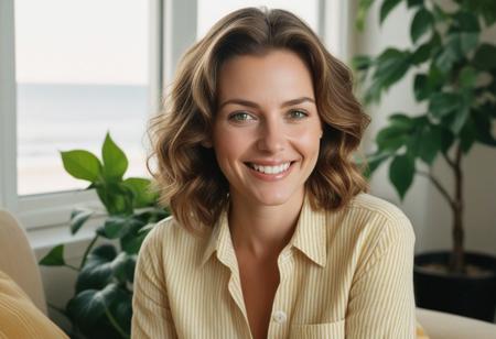 A meticulously detailed, hyper-realistic studio portrait of Olivia, a 35-year-old woman with sun-kissed skin and bright green eyes. She has a slim, oval, delicately contoured face with high cheekbones, a narrow jawline, and a subtle V-shaped chin. Her wavy, short-length light brown hair is casually tousled, framing her naturally beautiful face. Her skin has realistic texture: visible pores, soft natural wrinkles, gentle laugh lines, and minor imperfections that enhance authenticity. She wears a stripped yellow and white linen button up shirt an a warm, genuine smile with slightly imperfect teeth. She seats in a warm living room,sorrounded with plants,green ivy near the window, facing the sunset, and ocean,through a Big  window, captured with an 85mm lens at f/4, with natural color grading and an unedited RAW film look — inspired by Kodak Portra 400. No makeup retouching, no plastic effect, no artificial smoothing..