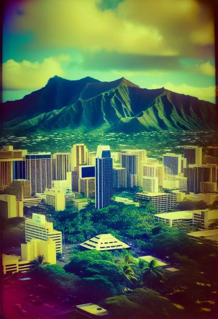 ()Hyoer Realistic:2.0)Polaroid picture 
an image of 
Ultra-realistic Honolulu, HI under Wakandan rule: Mega skyscrapers with sleek, futuristic designs and vibrant African patterns dominate the skyline. 
((Traditional Hawaiian architecture blends seamlessly with advanced Wakandan technology.)) The streets are bustling with people in modern attire, while iconic landmarks like Diamond Head are now adorned with gleaming vibranium accents. ((The city's natural beauty is enhanced by the fusion of cultures and technologies))