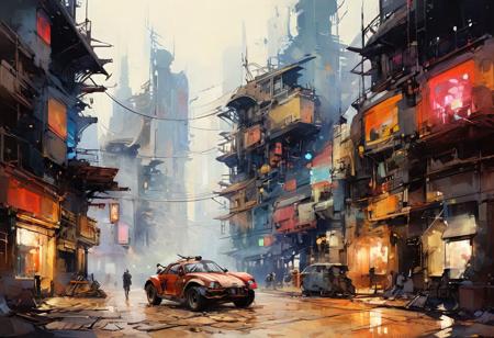 very wide shot, buildings in distance, linquivera, liiv1, on parchment, style of ((Ralph McQuarrie and Syd Mead)), a digital painting depicting a futuristic cityscape. In the foreground, there's a worn classic { red | orange | yellow } (futuristic unconventional concept vehicle), (groundvehicle), xuer dieselpunk, vehicle focus, ground vehicle, there's a worn classic (futuristic unconventional concept sports vehicle) with a long hood and pop-up headlights, giving it an appearance reminiscent of the late 20th-century designs, yet more futuristic and with a worn and rugged look suggesting age or use in a dystopian setting. The car is detailed with dirt and weathering, and it has a matte, metallic finish.  cloud, sky, The city around it is composed of tall, slender buildings with (cyberpunk-style architecture), featuring protruding structures and neon lights. In the hazy sky, (airships or futuristic vehicles) float above, hinting at advanced technology and a busy urban atmosphere. The color palette is predominantly (desaturated tones of beige and blue), 
with bright colored foreground subjects, with the scene set against a backdrop of what could be a smog-filled sky, creating a sense of depth and scale. The artwork combines elements of nostalgia with speculative future technologies, presenting a visually rich, sci-fi environment.
oil and watercolor painting