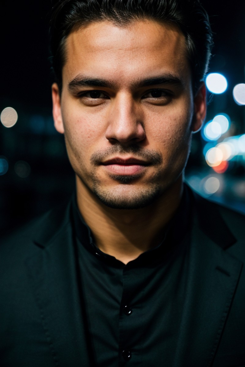 closeup face photo of man in black clothes, night city street