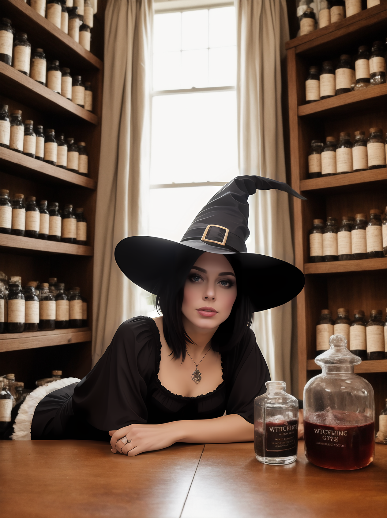 alluring gypsy witch with short black hair, witch cosplay, (laying|resting|) inside a witch potion shop, (looking at the v...