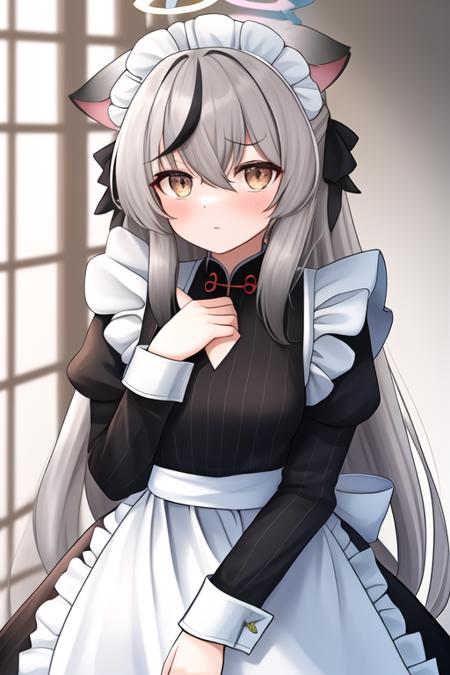 masterpiece, best quality, highres, 1girl, solo, {maid:1.25}, {long maid dress}, {kokona_bluearchive:1.10}, animal_ears, long_hair, grey_hair, multicolored_hair, black_hair, streaked_hair, halo, blush, bangs, very_long_hair, small_breasts, breasts, striped, brown_eyes, vertical_stripes, hair_between_eyes