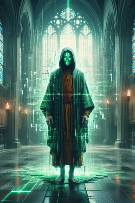 A levitating monk cloaked in flowing digital robes floats within a collapsing techno-cathedral, surrounded by glitch style stained glass windows that fracture into radiant data shards. His face is hidden behind a flickering mask of code. The background city glitches between time periods, walls pulsing with corrupted script and binary graffiti. Green digital rain cascades in reverse. Shot in atmospheric cyberpunk lighting, high cinematic drama.