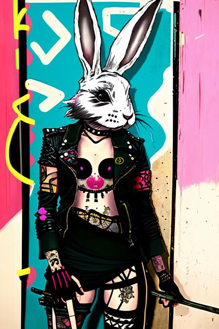 A rebellious rabbit with a nose ring and torn fishnet sleeves, leans against a graffiti-covered alley wall, oozing attitude and punk sensibility in every pose:1.5, rebellious rabbit:1.2, nose ring:1.2, torn fishnet sleeves:1.1, graffiti-covered alley wall:1.1, attitude:1.0, punk sensibility:1.1. , anipunks