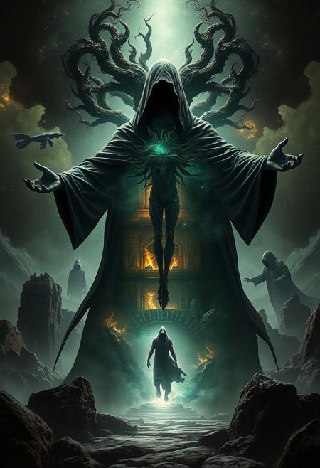 A universe inside a dark cloaked figure within mysterious landscape in an unfathomable realm of fantastic creation inhabited by ancient shadows of a forgotten time beyond the gate of the gateless gate where life is limitless, light is shadow and shadow is light, eerie sense, horror, spark of the beginning, existence and nonexistence at once, ethereal, outstretched arms, behold the end of the beginning, inglorious glory to the dark one, betrayal of the ancient order, beware the 7headed beast, destroyer of the old ways, bearer of the unbearable, nightmarish, archaic runes, tree aging backwards, breath of the gods, ruins of a place unimagined, extreme intricate detail, photorealistic, beyond epic scene, fate discarded, unseeable face of god, the end is the beginning, the beginning is the end, man arises as god dies, as above so below, as below so above, emerald tablet, thoth, guardian and saboteur of existence, hopeless hope, ghosts of the unborn, conception of the inconceivable, cosmic well of imperceptible perception, evil aura