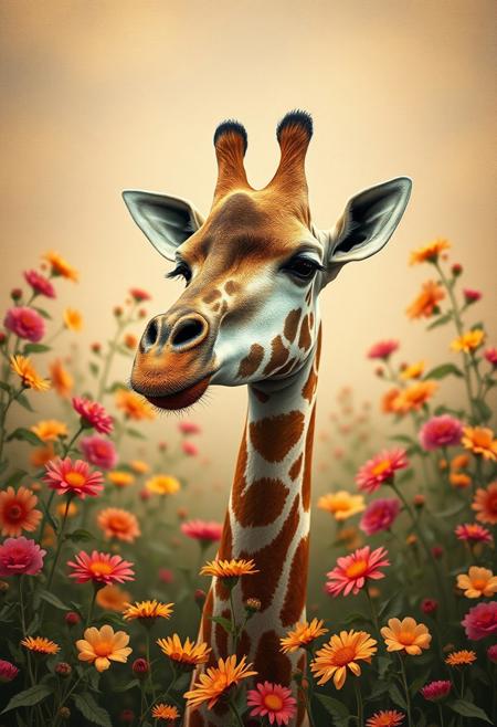 giraffe in flowers by artist arne thun, in the style of natalia rak, 8k resolution, vintage aesthetics, wallpaper, animated gifs, naoto hattori, highly realistic