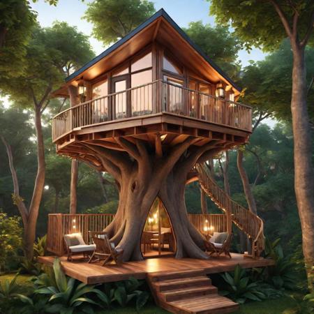 A high quality camera photo of a tree house in style of: modern luxurious., unique, photorealism, hyper realistic, 4k, 8k, life-like, warm lights, natural background, natural leafs, symmetrical realistic architecture, realistic windows