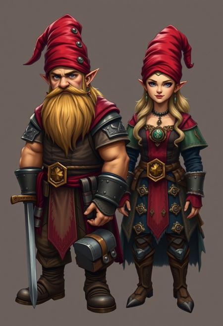 A male and female Gnome, dressing style in a fantasy world, tanned skin, living in cities, they come from a fantasy culture similar to medieval Germany, armor, weapons, rich, jewelry, earrings, necklaces, warrior, smith, in the style of a haute couture drawing, Full body, full figure,