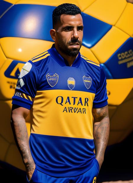 portrait of sks man (tevez:1), serious look with very short hair, football jersey with blue and yellow colors, holding a (soccer ball:1.3), (outdoors:1.2), natural lighting, 4k, 8k, 8k realistic, sharp focus, intricate, high resolution  <lora:tevez:1>