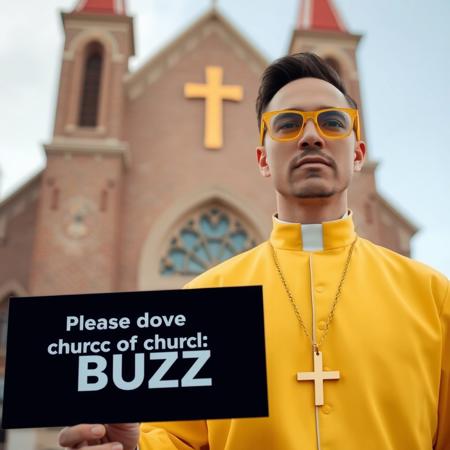 Man wearing yellow glasses and a yellow priest uniform in front of church which has a gold lightning bolt symbol instead of cross, he is wearing golden lighning bolt symbol necklace prominently visible, he is holding sign with text "Please donate to church of BUZZ"
