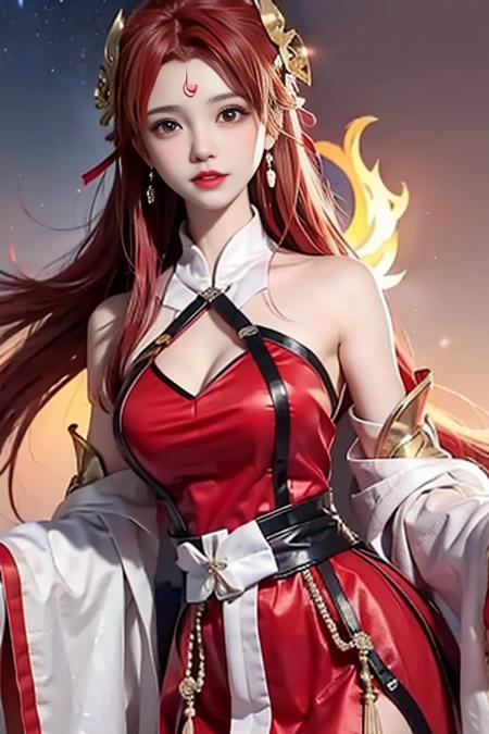 Girl, young and beautiful, tall and beautiful, fair face, perfect features, tall and beautiful, fair skin, good figure, heroic and valiant, heroic and valiant, wearing ancient Chinese armor, female general, Chinese landscape background, standing on the top of the mountain, 500 years ago, starry night, realistic, detailed, 8k, <lora:chilloutmixss_xss10:0.3> mix4,   <lora:lasta-000018:0.5>red_dress,starry sky, fire, red hair, solo, hair ornament, long hair, red eyes, jewelry, earrings, dress, bare shoulders, red lips, upper body, white background, facial mark, crescent, lipstick, forehead mark, looking at viewer