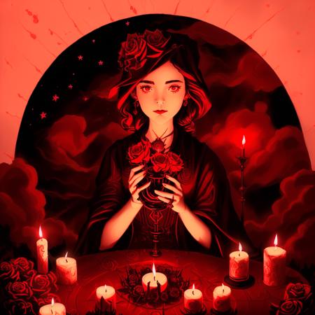 ((Cultist Simulator, masterpiece, best quality, detailed, absuredres)), red moon, ((girl, woman, female wizard:1.6, 1girl, closeup)), night, stars, clouds, candles, candle fire, (expressionism, painting, paint strokes, simple, simplistic style), roses, flowers <lora:CultistSimulatorStyle:1>