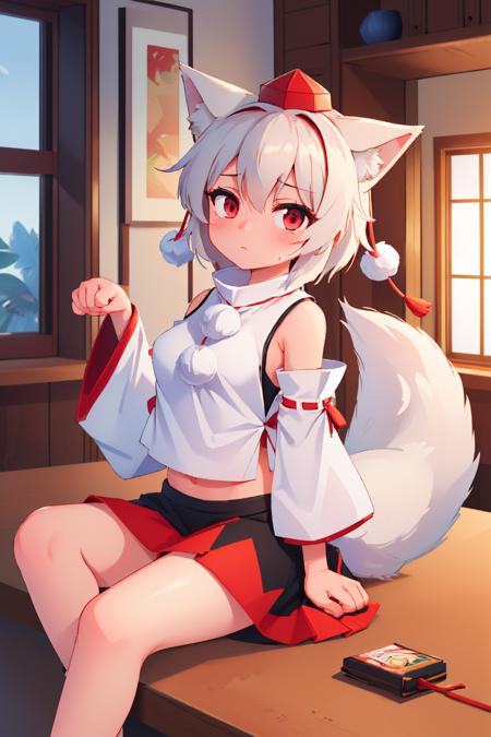 (masterpiece, best quality:1.2), solo, 1girl, inubashiri momiji, expressionless, looking at viewer, paw pose, tokin hat, shirt, pom pom \(clothes\), detached sleeves, skirt, wolf tail, indoors <lora:touhou_inubashiri-11:1>