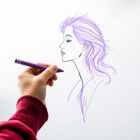 boys hand holding a purple crayon drawing a beautiful woman in thin air. POV of boy