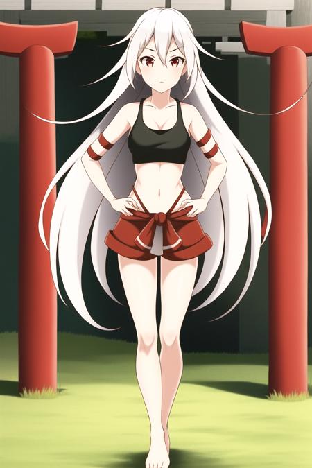 1girl, white hair, long hair, red eyes, chiya, tank top, red skirt, black top, red bottom, ribbon on arm, red ribbon, stomach, navel, bare legs, barefoot, full body, armpits, red japan gates, torii gates, (forest background), high detailed background, grass, staying on grass, staying in grass, high grass