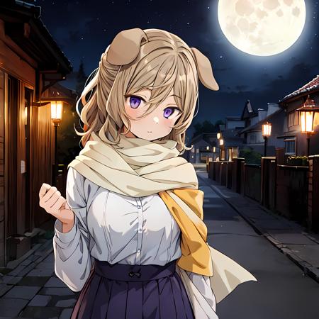 <lora:naazaerisuis13:0.7>, naaza erisuis, hair between eyes, dog ears, dog tail, dog girl, light brown hair, purple eyes, wallpaper, upper body, 1girl, solo, night, night background, moon, stars, beautiful night, mature, wide shot, in frame, centered, ((masterpiece)), ((best quality)), [extremely detailed face], perfect lighting, ((in frame)), multicolored clothes, multicolored shirt, long skirt, scarf