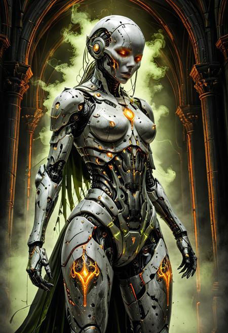1girl, solo, female knight cyborg, mobe-cybideen, full cyber armor,  futuristic gothic armor, glowing lime green accents, orange energy veins, two daggers limegreen windows, barcode tattoos, neon light trims, long cape with lime orange edge, ancient dark stone cathedral, high arched windows, pitch black columns, dark souls style interior, orange smoke, glowing emblem on chestplate, blood running from armor, blood dripping,  moody cinematic lighting, dark palette with neon contrast, glowing particles, dynamic pose, backlit silhouette, sharp metallic textures, gritty atmosphere, semi-realistic, detailed rendering, clean composition