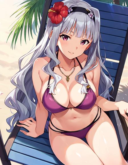 sjutkn, sjutkn, very long hair, grey hair, wavy hair, blunt bangs, hairband, purple eyes, large breasts,  score_9, score_8_up, score_7_up, source_anime,