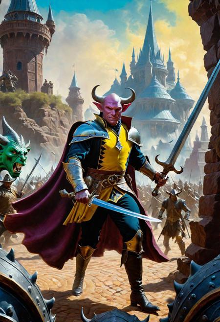 A hyperrealistic 8k photograph was captured by Sid Avery's Hasselblad camera, depicting close-up a handsome+ Tiefling shield bearer with pink++ skin and slender build during a battle+++, surrounded by goblins++, He has a bald head, neon yellow eyes, calm++ and handsome+ and detailed face, cold smile++, mysterious and ominous aura of dark shadows enveloping the figure, Lovecraftian Horror-themed, in the artistic style of Boris Vallejo, Shadows casting an uncanny atmosphere, hints of eldritch dark energy crackling, He is dressed in a musketeer outfit, high details and era-appropriate, He is wielding a magically radiating+ Backsword+ in the right hand, and he is holding a steel shield+++ in the left hand, Backdrop (background) of a focused scene of a battle with goblins next to a crystal palace, Mysterious composition, imbued with a dark, ambient 3d warm studio backlight.