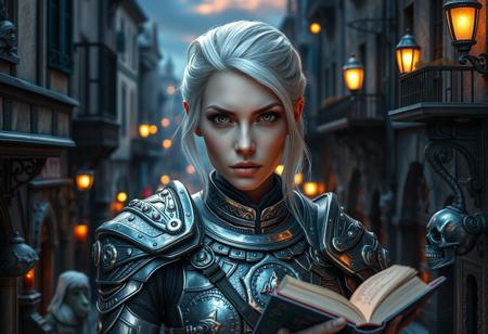 warrior woman, silver armor, intricate details, medieval alleyway, fantasy setting, pale skin, serious expression, white hair, (highly detailed:1.3), cinematic lighting, vibrant, miniature town, European architecture, bustling street, dusk lighting, vibrant colors, highly detailed, fantasy, mechanical surrealism, complex circuitry, humanoid head, monochromatic, intricate design, surreal, embossed metal, metallic textures, (hyper-detailed), miniature tree, dewdrops, forest, intricate roots, hyperrealistic, dreamy background, mystical, steaming coffee, surreal landscape, night sky, starry sky, Alpaca, whimsical, glowing crystals, skull, ornamental, magical, anthropomorphic giraffe, fantasy attire, wizard, enchanted book, (dark fantasy), enchanted forest, dark tones, whimsical, (high quality:1.4), ultra-detailed