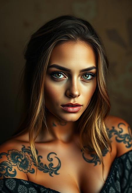 Gorgeous woman portrait, she have face skin covered by tattoed random words