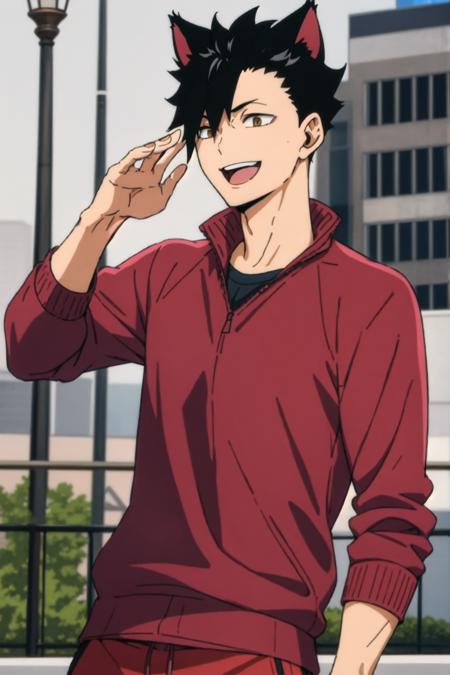 masterpiece, best quality, 1boy, <lora:kuroo:0.8>, solo, black hair, brown eyes, red jacket, (red sweatpants), cat ears, open mouth smiling, park, bust, looking at viewer