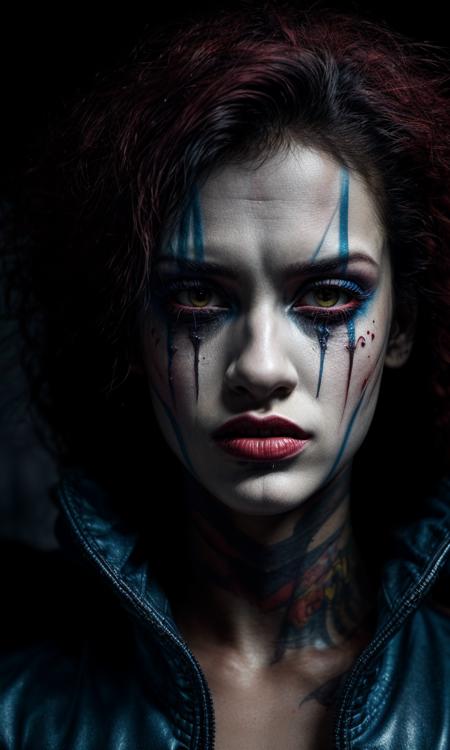 close up of a scary brazilian female cyberpunk clown on a Circus background bycircus background, a character portrait, trending on deviantart, dark atmoshopere, riot entertainment realistic, techno, peter hurley, costume design, taken with hasselblad H6D 100c, the HCD 24mm lens, old master photorealistic, cinematic lighting, volumetric lighting, dark atmosphere, soft lighting, BREAK <lora:difConsistency_photo:0.5>, BREAK <lora:difConsistency_detail:0.8>, BREAK <lora:difConsistency_darktheme:0.5>