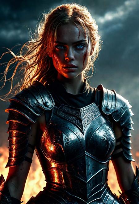 Ultra detailed digital art masterpiece Warrior girl dressed in a iron Armor and red mini skirt, Standing on a battlefield at the head of an army of knights, where a bloody slaughter is taking place, standing in battle pose, a dark epic fantasy, perfect lighting, beautiful Sadie Sink as Warrior girl, attractive woman, elegant, beautiful woman of athletic body,  epic shot of the whole Warrior girl, unreal engine 5 nanite quality, dark fantasy, dark environment, very stormy day, LOTR style, dark washed out eyeliner, no make up, natural bloody pale face, realistic blue eyes, ultra detailed atmospheric details, beautiful glowing effects, sparkle effects, realistic body proportions, beautiful face proportions, complex masterpiece, wavy blonde hair, creative glowing detailed tattoos, complex physics, enhanced colors, complimentary colors, ultra detailed raytracing reflections, Ultra detailed complex background, environment feels alive, direct eye contact, dramatic lighting, wet and sweaty skin, beautiful firm Breasts, Daylight, Concept art by Greg Rutkowski, adding to the intense and dynamic atmosphere of the scene.