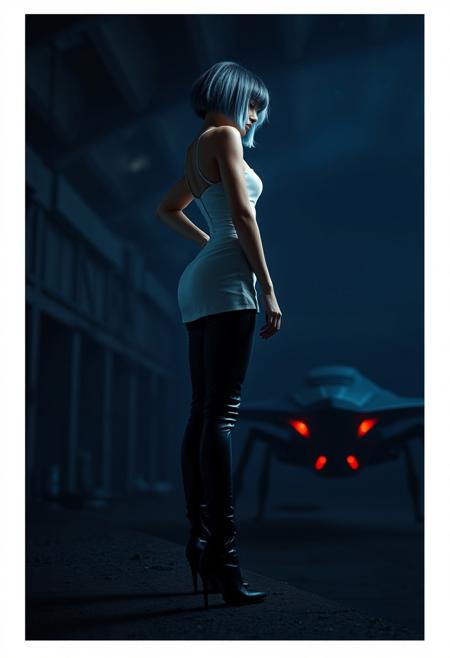 (Soft Lighting Photography by Mimoza Veliu and Mario Giacomelli:1.2), NSFW, A dramatic, high-fashion figure stands in a dark environment illuminated by soft, cool blue lighting, casting faint shadows. The model has a striking, futuristic appearance with a sharp, angular black bob hairstyle. . . The lower half consists of sleek black leggings or pants, seamlessly transitioning into high-heeled boots, accentuating their tall, elongated stance. (super detailed, breath taking, best quality. Side view. Close up. an abandoned alien spaceport, a dark starry sky. Gloomy black and red tones, dirty, dim light. .Zev Bellinger, a woman with light blue hair makes a long jump from the edge of the spacecraft forward down onto a black space flyer in the form of an insect. He looks at the flyer and screams. She is wearing (a white one-piece short dress) and heavy black boots on her feet. wide hips. The skin is stained with machine oil, (hair and dress move freely in zero gravity). Dynamic posture, in motion, partially lubricated ends of legs and arms, expression. There's smoke all around. In the background, black mountains and remnants of space structures on the horizon, a pink sunrise gradient, a blue planet, white contrails of rockets in the sky. sense of control and mystery. amplifying the ethereal and futuristic ambiance of the scene. The overall composition feels cinematic, blending high fashion with a science fiction aesthetic. 
beautiful face, sexy, dynamic poses,