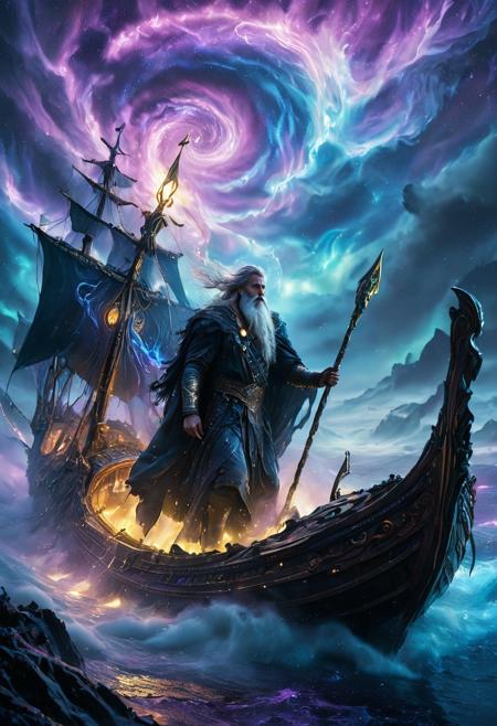 Masterpiece, absurdres, 8K UHD, hyperrealistic, ultra-detailed, cinematic drama, intricate textures, extreme close-up, commanding presence, mythic grandeur, sharp focus, dramatic contrast, ethereal glow. 1male, 
Odin stands at the helm of his skyship, a spectral vessel carved from enchanted wood and woven mist, gliding through the neon glow of the northern lights. Liquid smoke coils around its hull, flowing like sentient vapor, shaping glowing runes with each pulse of divine energy. The sails, made of smoke interwoven with crackling thunder, ripple as if alive, shifting between tangible and ethereal. Celestial wolves race below, their forms surrounded by swirling spectral mist, their glowing eyes piercing through the endless void. The sky itself bends at Odin’s command, the auroras twisting around him in ribbons of electric blue, violet, and gold. His spear hums, radiating cosmic power, as he guides the ship through storm and light, riding the edge of prophecy, navigating toward fate itself.
Photorealistic, cinematic lighting, volumetric mist, hyper-detailed environment, Nordic ruins crumbling into celestial dust. 
cinematic textures, immersive depth, bold composition, striking realism, controlled chaos, divine terror