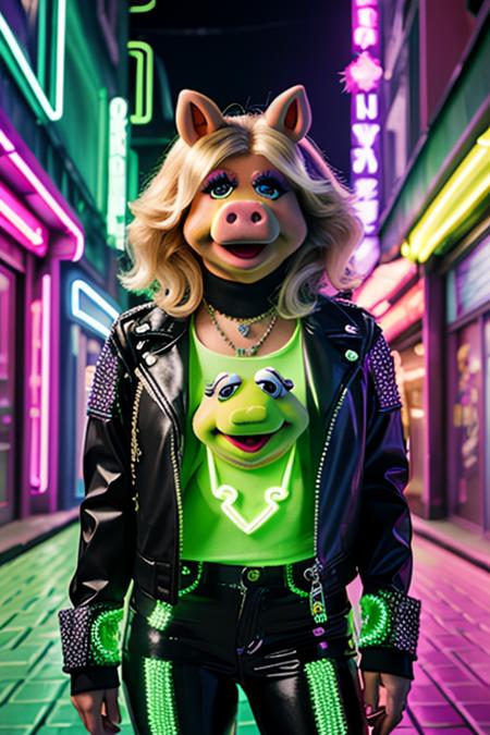 Envision Miss Piggy from The Muppets transformed into a charismatic cyberpunk fashionista. Miss Piggy dons a cutting-edge cybernetic ensemble, featuring a sleek jacket with neon accents and glowing circuit patterns. Her eyes are adorned with cybernetic enhancements, emanating a captivating, luminous glow. She poses confidently in a futuristic, neon-lit alleyway, surrounded by holographic advertisements and advanced technology. Miss Piggy exudes style and sophistication, with her sassy attitude and impeccable fashion sense. The atmosphere is filled with the sounds of futuristic music and the whispers of admiration from passersby, creating a vibrant and technologically advanced environment. (Cutting-edge cybernetic ensemble, sleek jacket with neon accents, glowing circuit patterns, cybernetic eye enhancements, futuristic alleyway, neon-lit, holographic advertisements, advanced technology, style, sophistication, sassy attitude, impeccable fashion sense, futuristic music, whispers of admiration, vibrant, technologically advanced environment), <lora:HackedTech-20:0.9>, hackedtech , scifi, cyberpunk