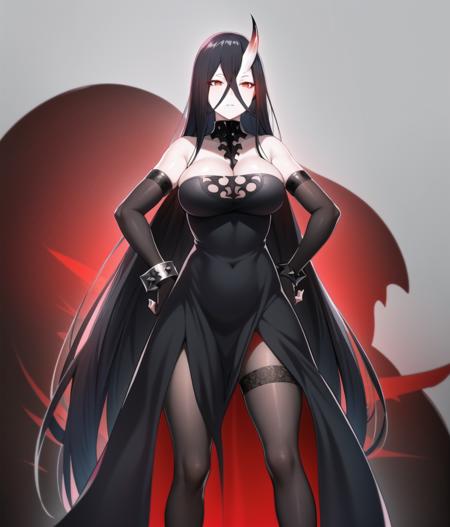 best quality, digital art, (hands on own hips:1.3),
BREAK
battleship water oni, abyssal ship, 1girl, red eyes, glowing eyes, serious, white skin, colored skin, horns, single horn, crossed bangs, black hair,  very long hair, hair between eyes, bare shoulders, cleavage, black dress, large breasts, strapless dress, frilled dress, (black gloves, elbow gloves, spiked bracelet:1.2), pantyhose, nice hands <lora:envybetterhandsLocon_beta2:0.6>