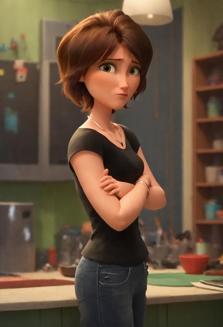 auntcass, 1girl, brown hair, short hair, solo, black shirt, necklace, green eyes,  jeans, bracelet